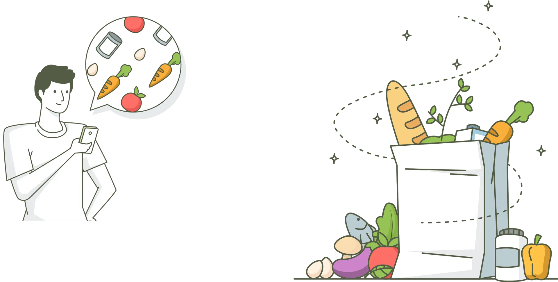 Illustration: Einkaufen mit dem Smartphone und voller Einkaufstüte